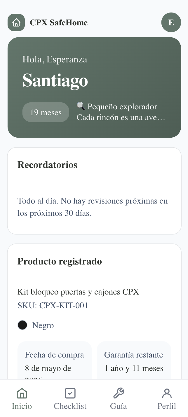 Pantalla de la app CPX SafeHome: perfil del bebé, recordatorios y producto registrado