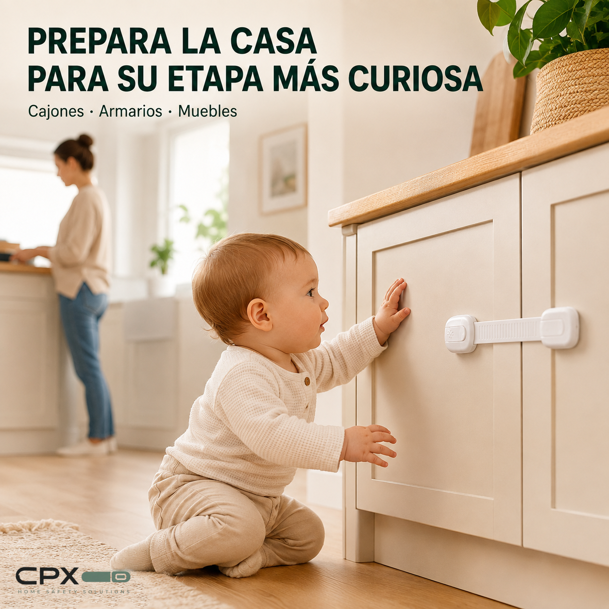 Bebé tocando un mueble protegido con un cierre CPX en un hogar luminoso
